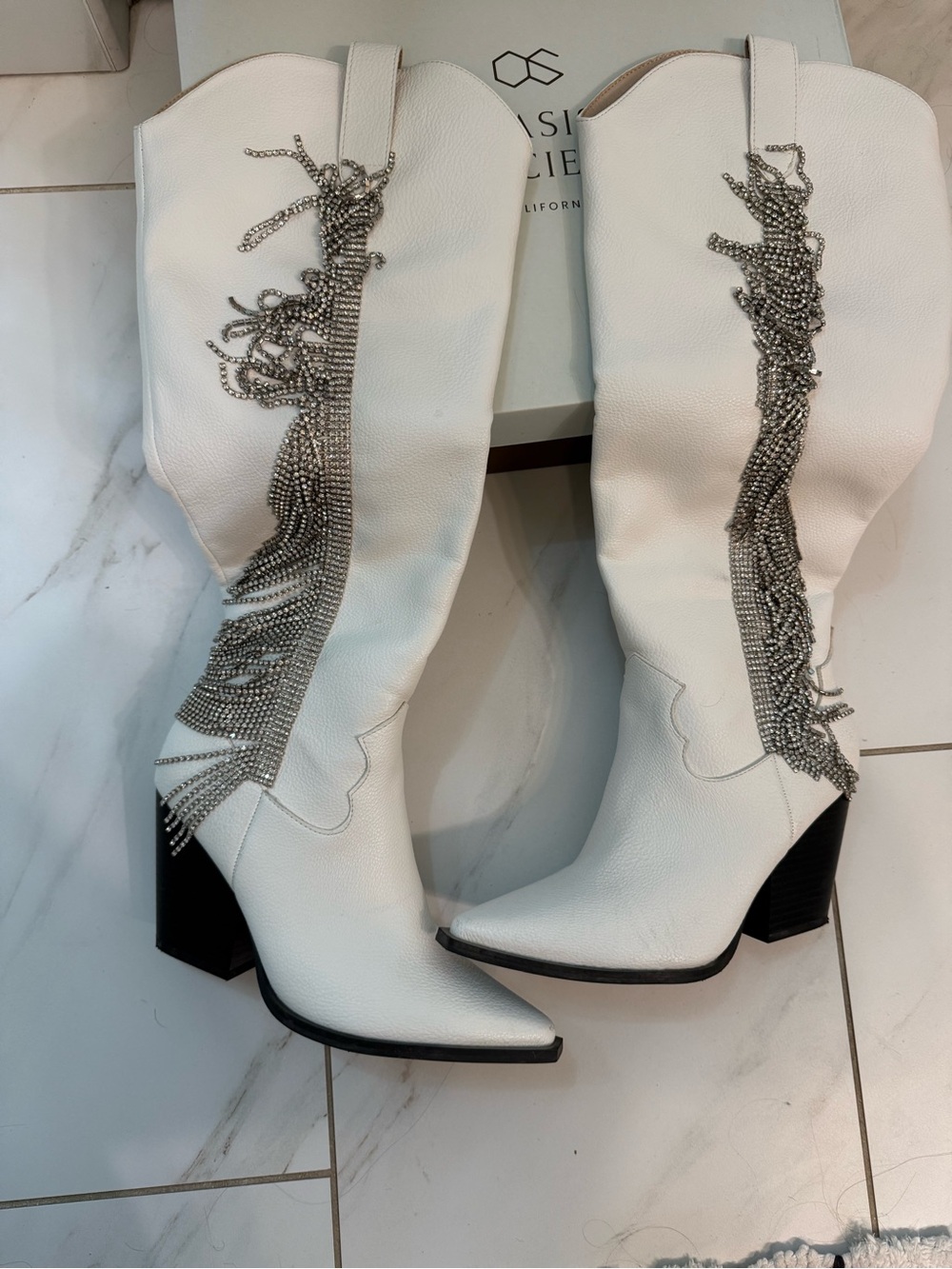Oasis Society White Rhinestone Fringe Knee High Western Cowboy Boots Size 6.5
